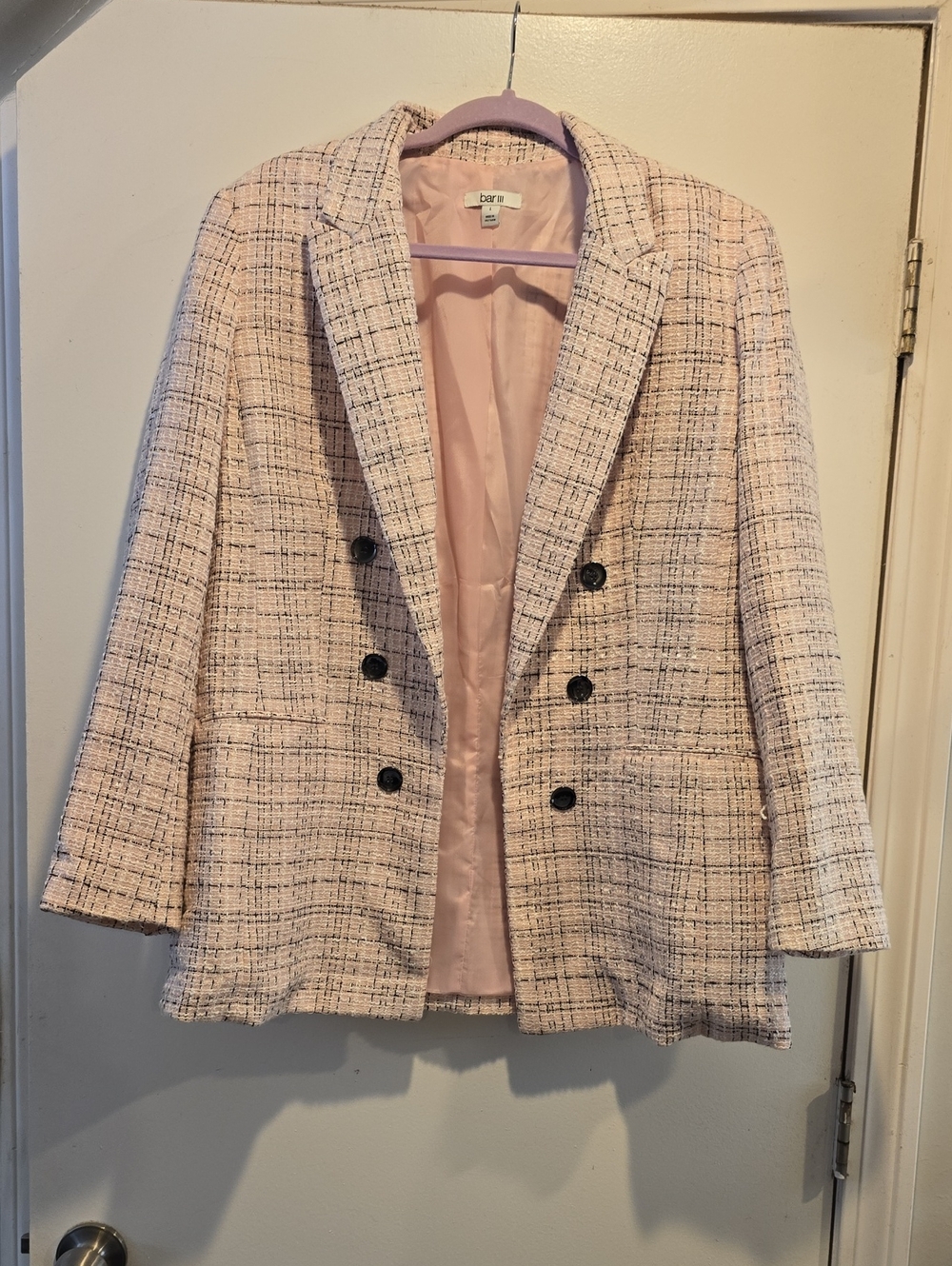Bar III Light Pink Tweed Double-Breasted Blazer